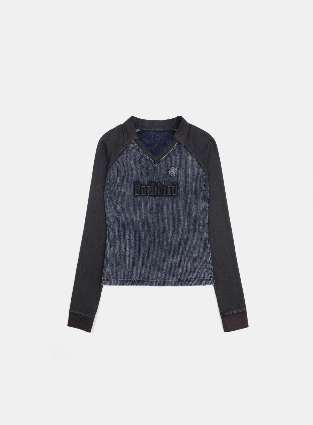 [w-tee25-016] 锈色牛仔 V 领长袖T恤 - 蓝色