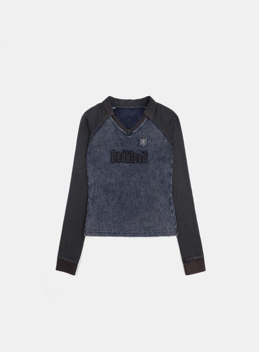 [w-tee25-016] 锈色牛仔 V 领长袖T恤 - 蓝色