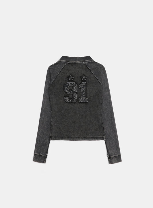 [w-tee25-017] 锈色牛仔 V 领长袖T恤 - 黑色