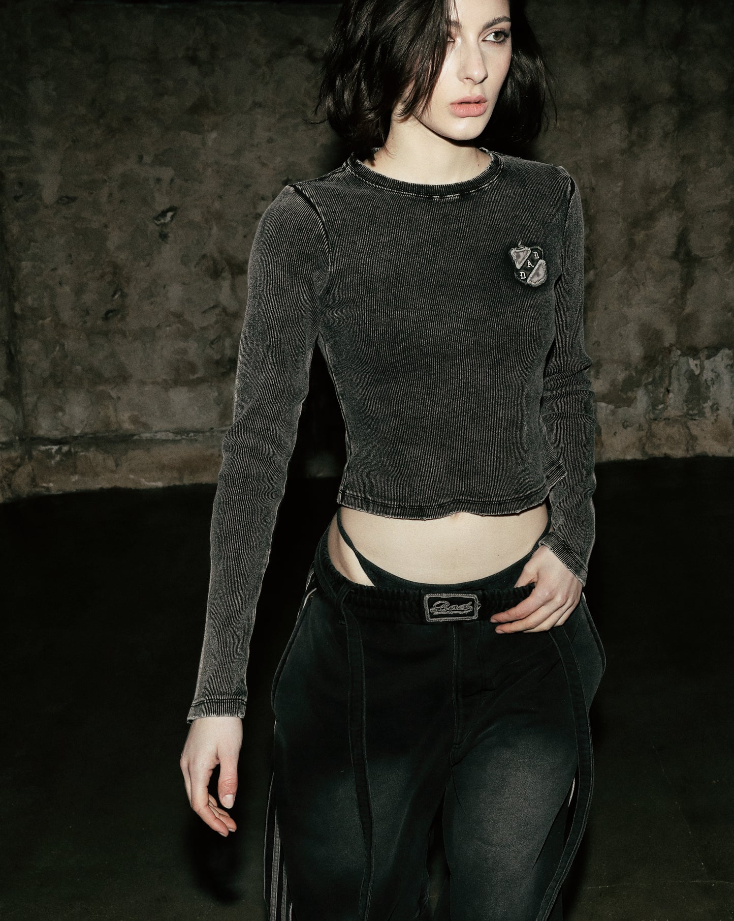 [w-tee25-015] 锈色牛仔修身长袖T恤 - 黑色