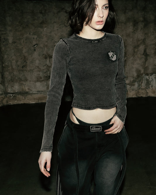 [w-tee25-015] 锈色牛仔修身长袖T恤 - 黑色