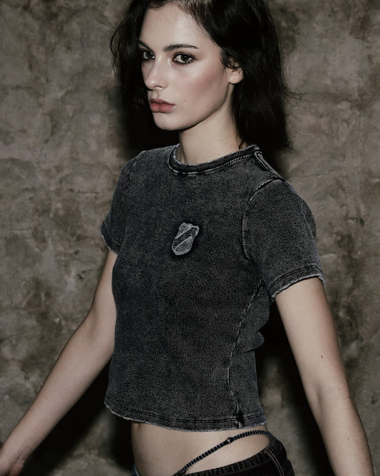 [w-tee25-013] 锈色牛仔修身T恤 - 黑色