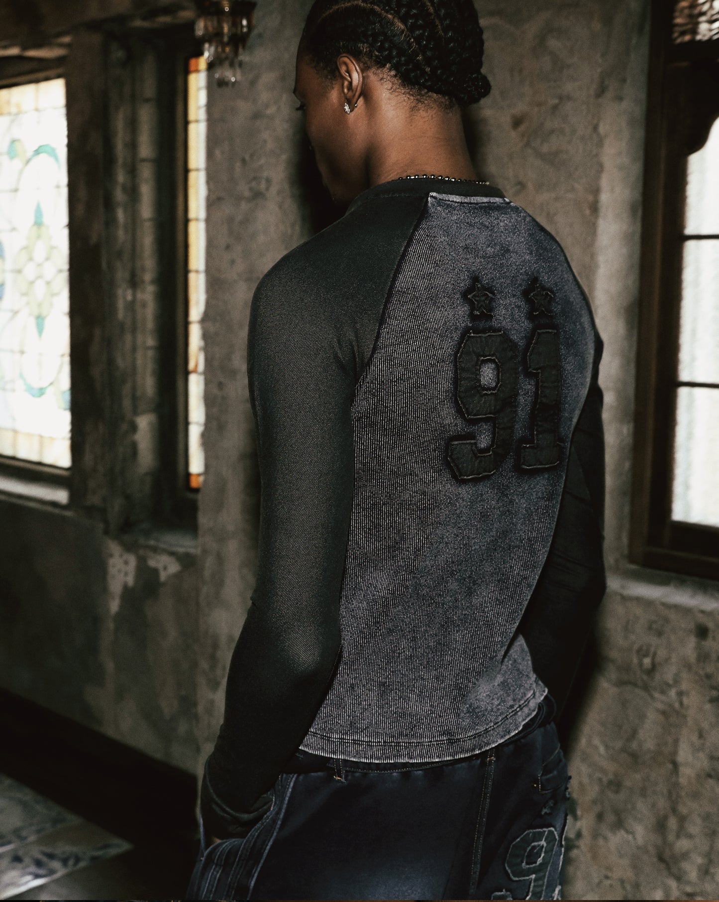 [w-tee25-016] 锈色牛仔 V 领长袖T恤 - 蓝色