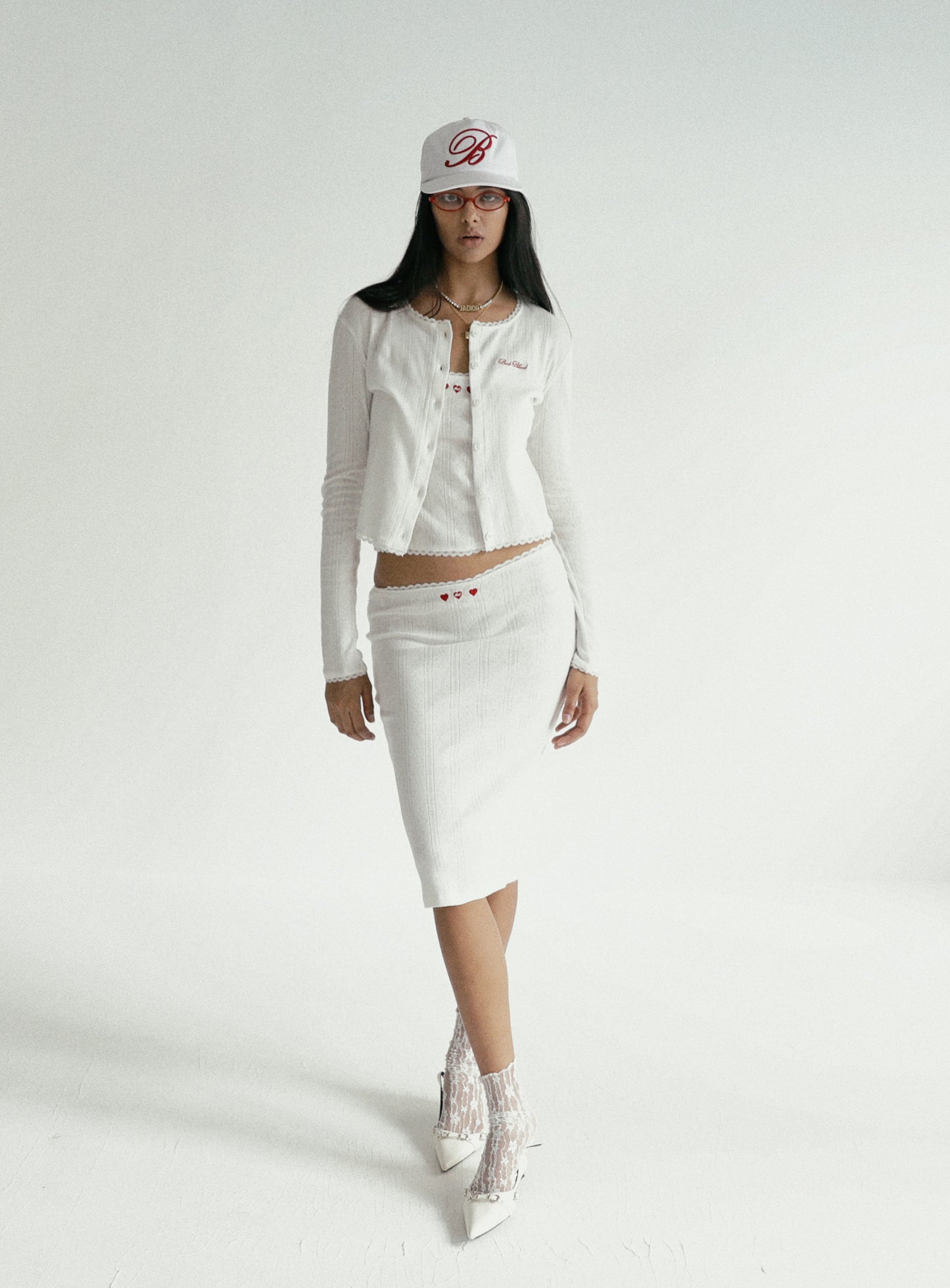 [w-skt24-029] 经典徽标尖头中长半身裙 - 白色