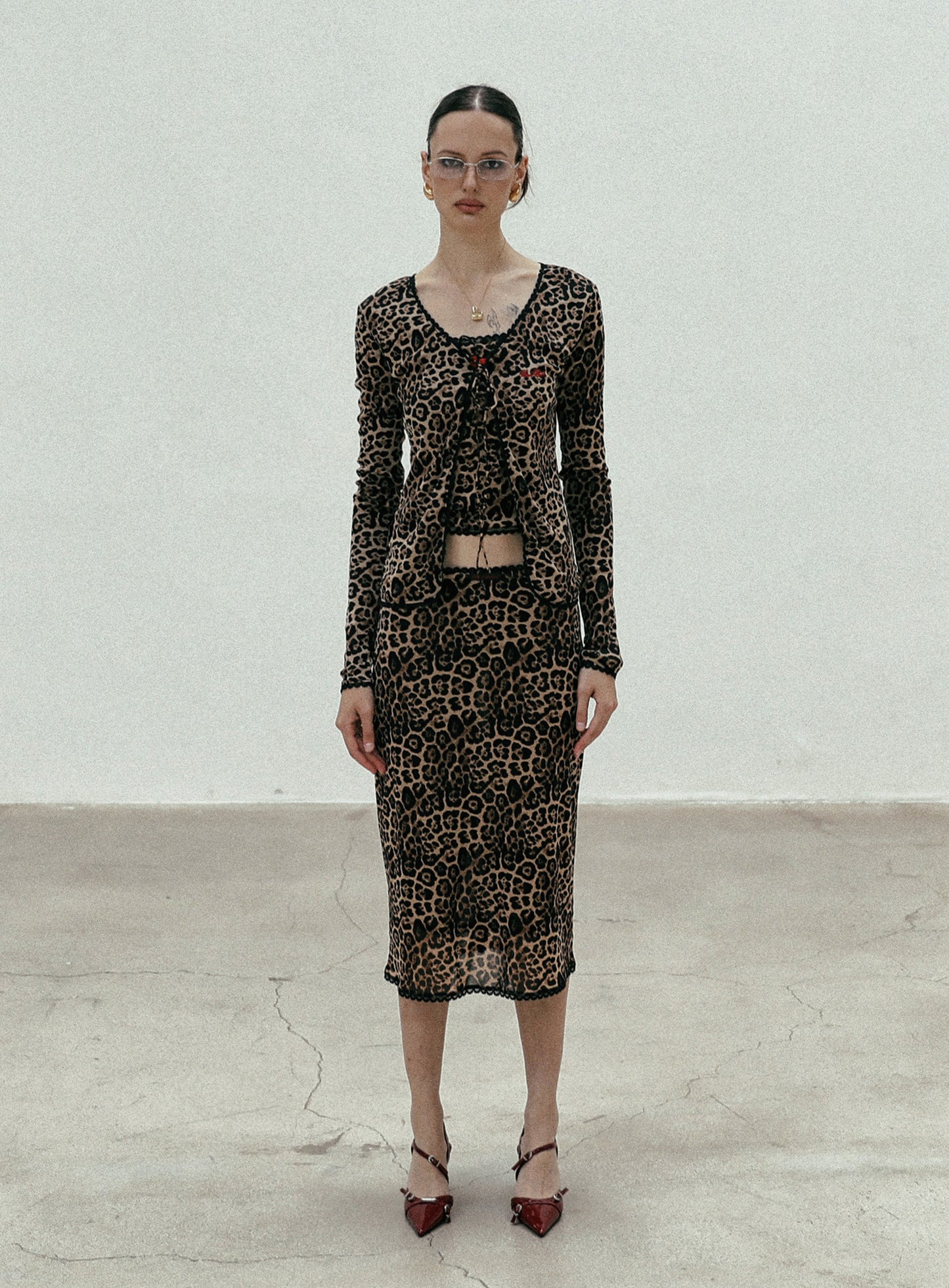 [w-skt24-028] 豹纹中长半身裙 - 棕色