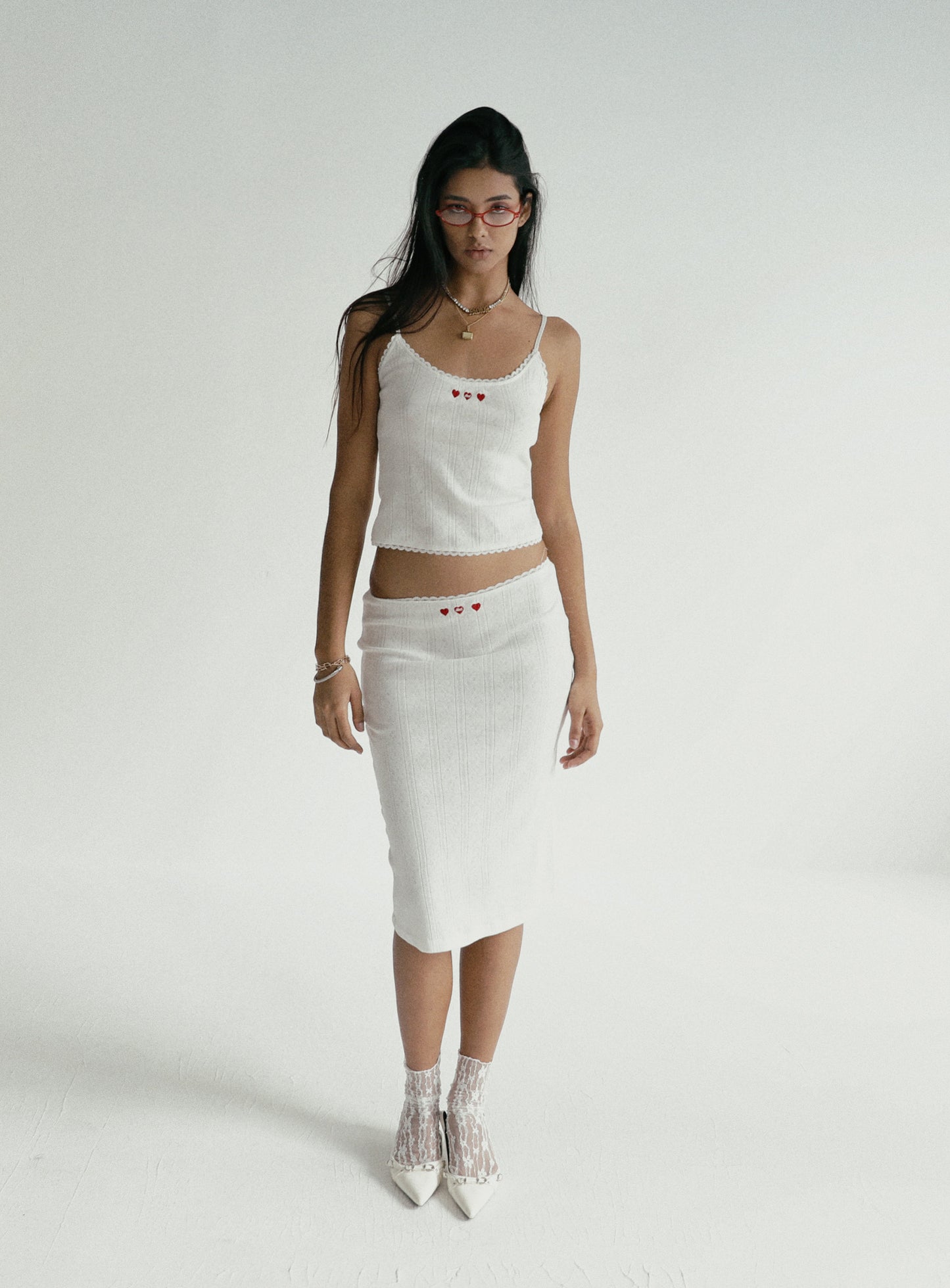 [w-skt24-029] 经典徽标尖头中长半身裙 - 白色