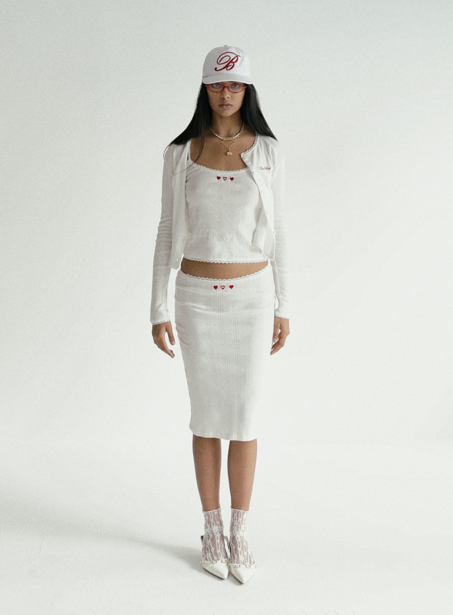 [w-skt24-029] 经典徽标尖头中长半身裙 - 白色