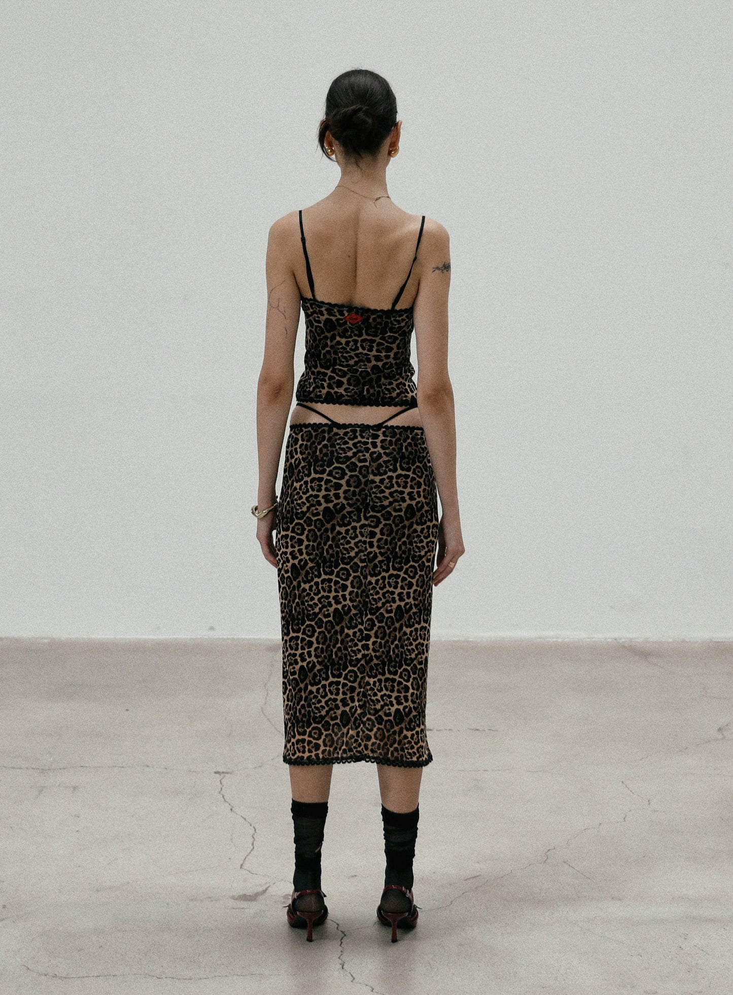 [w-skt24-028] 豹纹中长半身裙 - 棕色