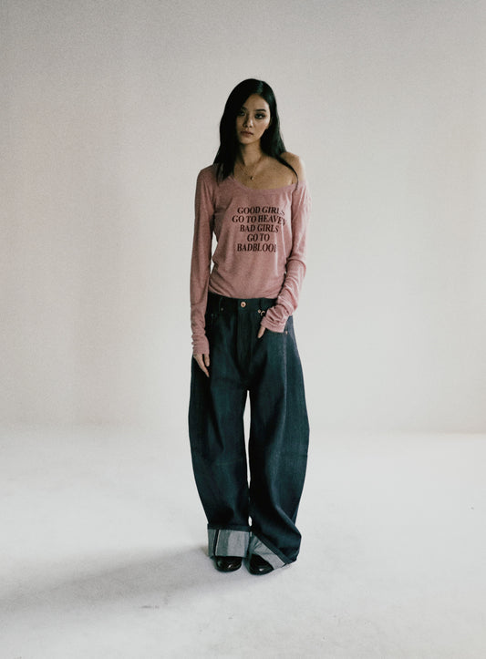 [w-tee24-094] Bad Girls 宽松上衣 – 灰粉色